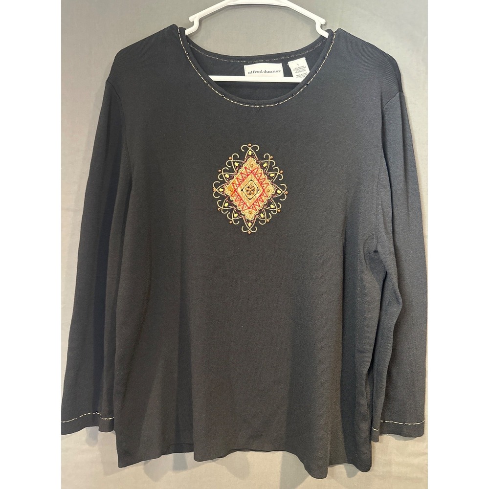 Women L Alfred Dunner Black Embroidered Medallion Top Southwestern Boho Artwear